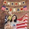 USA Banner Burlap 4th of July Decorations Rustic Patriotic Banner (White)